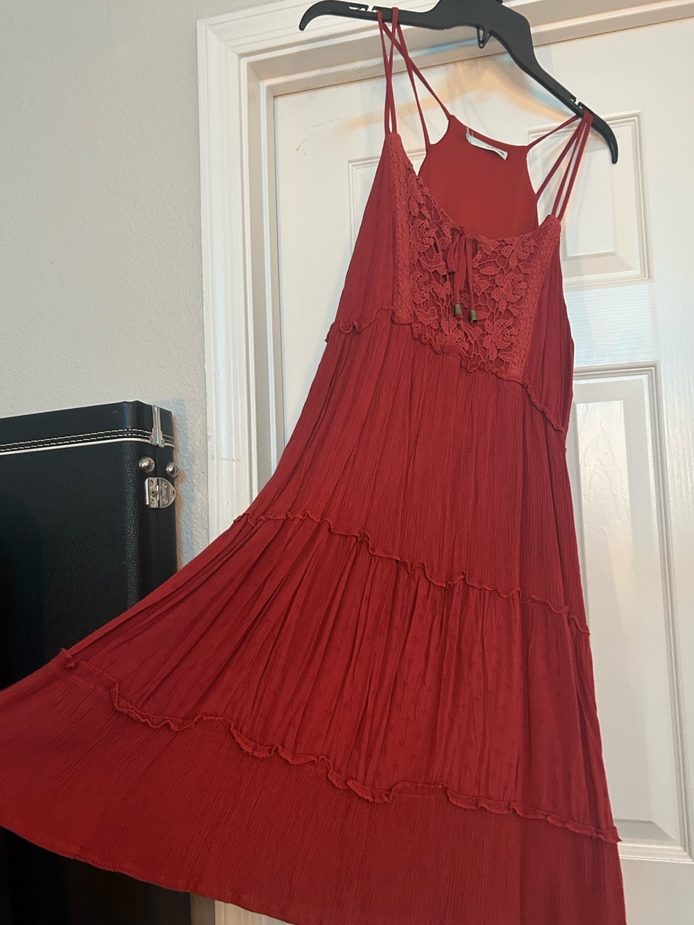 Maurices Brick Red Sleeveless embroidered mini dress.